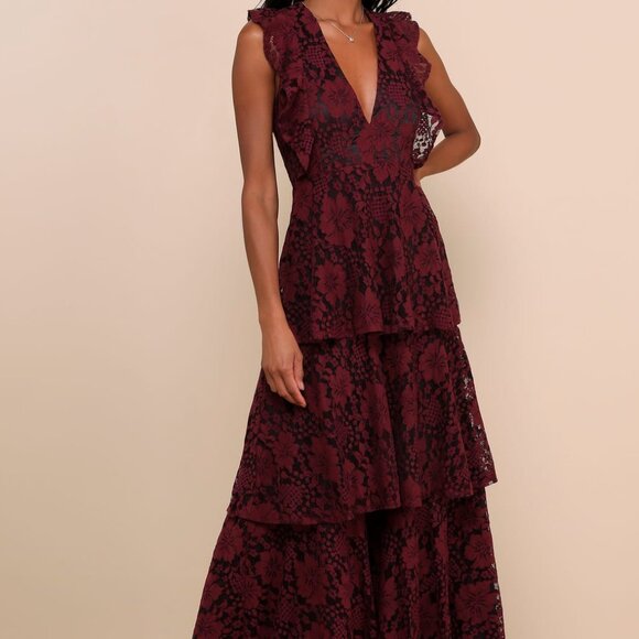 Lulus Dresses & Skirts - Molinetto Burgundy Lace Ruffled Tiered Sleeveless Maxi Dress